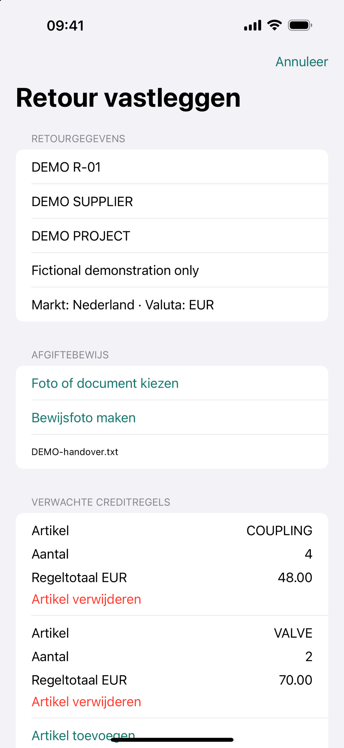 Het CrateTally-invoerformulier met velden voor referentie, leverancier, project en afzonderlijke artikelen.