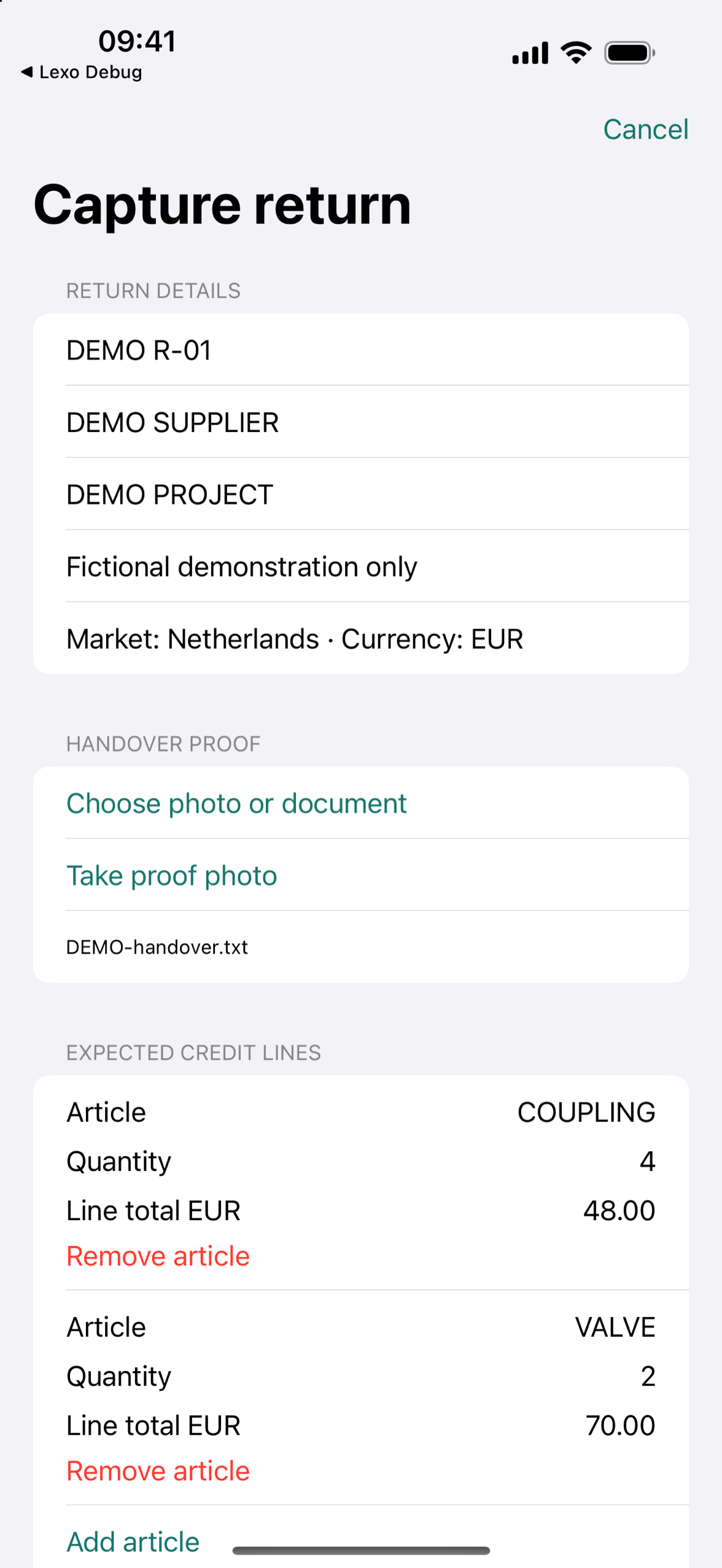 The CrateTally capture form with reference, supplier, project and individual article fields.