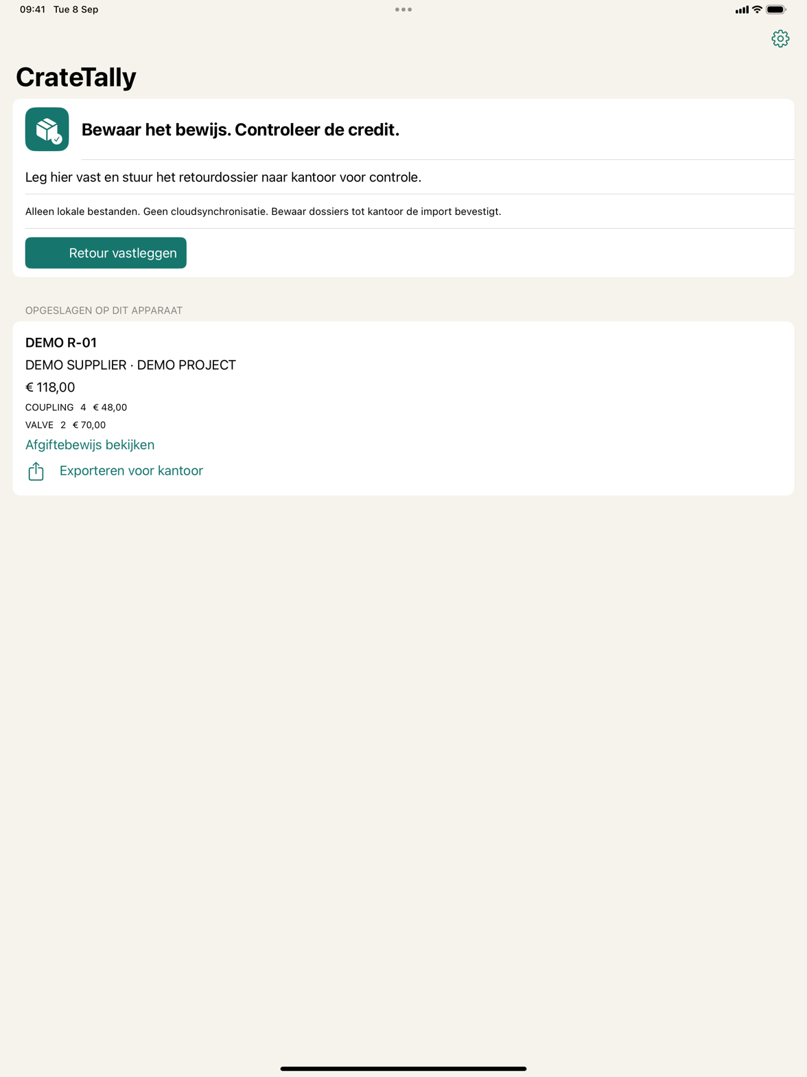 CrateTally op iPad met een opgeslagen fictieve retour.