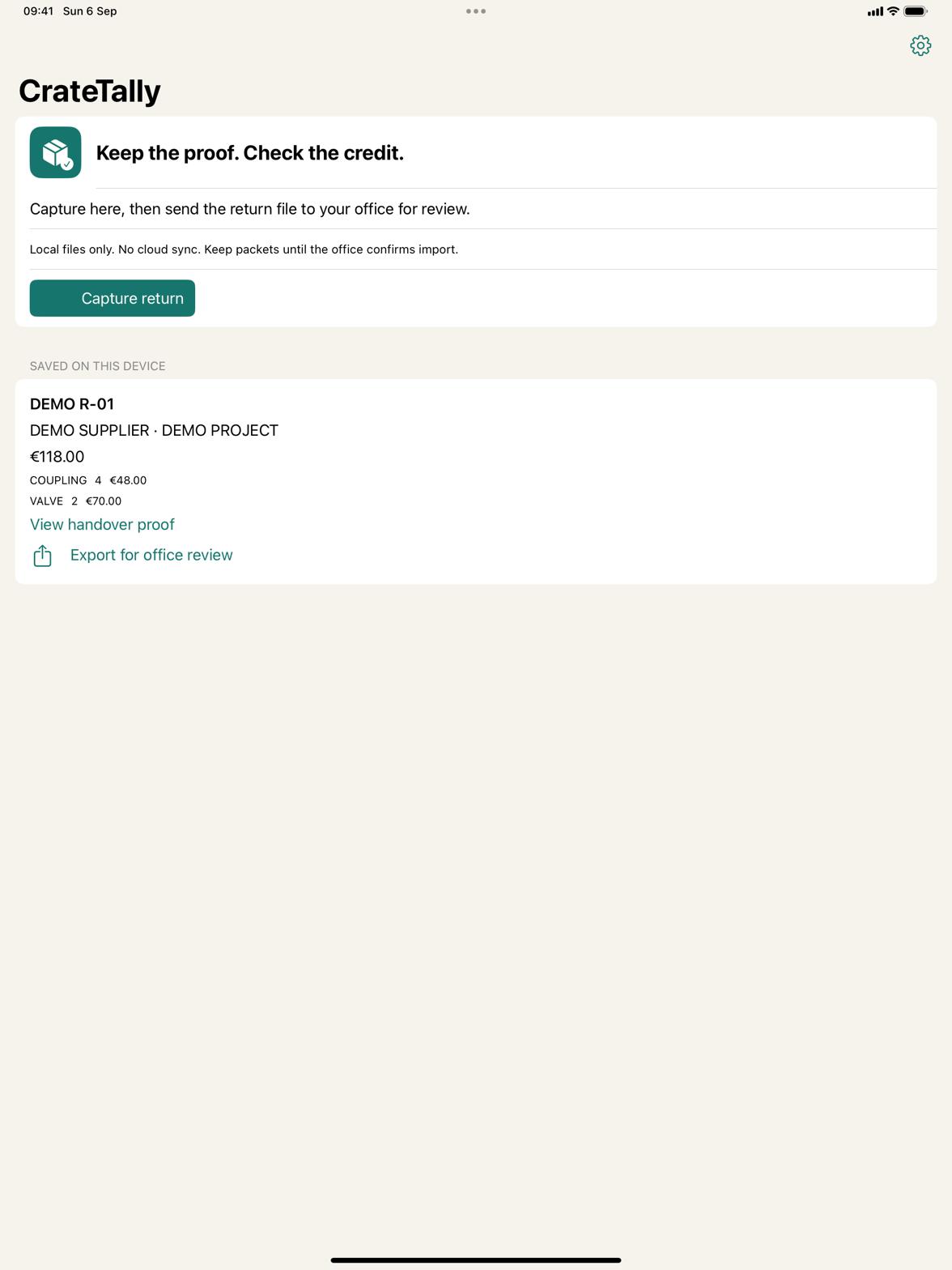 CrateTally on iPad with a saved fictional return.