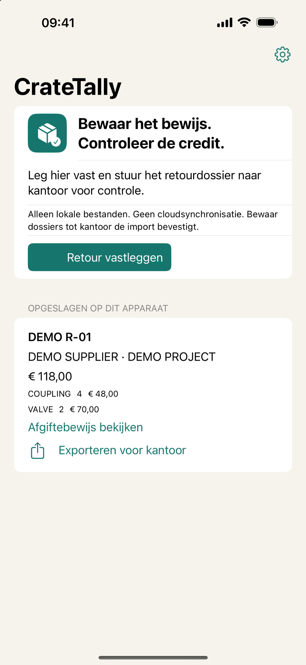 CrateTally op iPhone met een fictieve retour van zes artikelen en een verwachte credit van 118 euro.