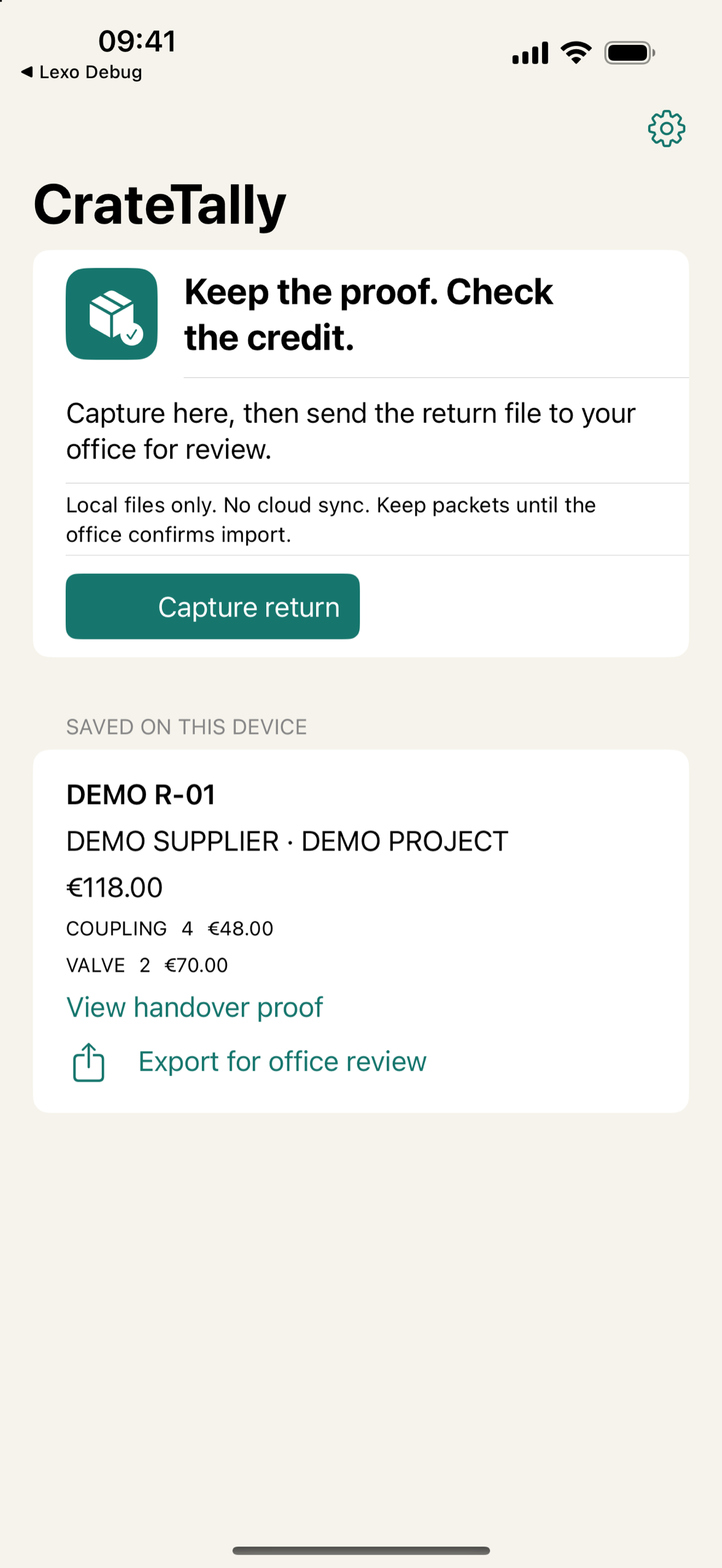 CrateTally on iPhone with a fictional return of six items and an expected credit of 118 euro.